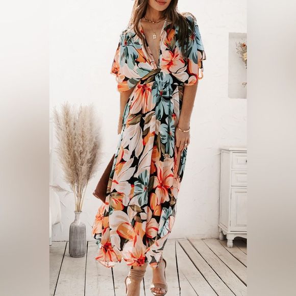 Orange Plunge Split Printed Short Sleeve Dress - Picture 6 of 7